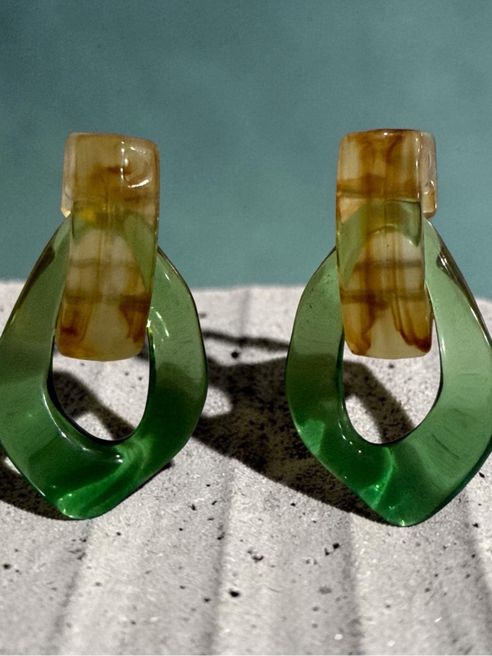 Green and Amber Resin Drop Earrings - Picture 2 of 4